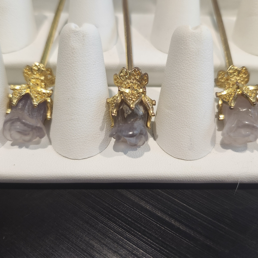 Elegant Gold and Purple ROSE CARVED HAIR PINS Earrings GOLD FILLED FATING